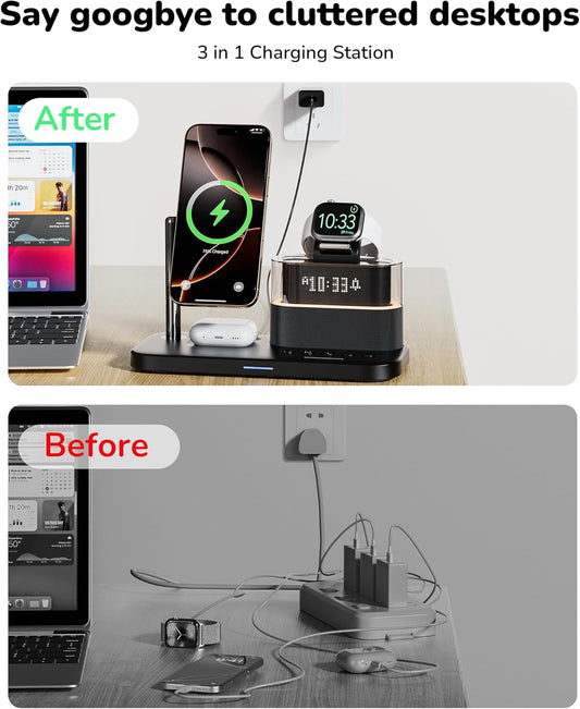 5-in-1 Magnetic Wireless Charging Station w/ Alarm Clock & Night Light شاحن لاسلكي مغناطيسي 5×1 مع منبّه وضوء ليلي