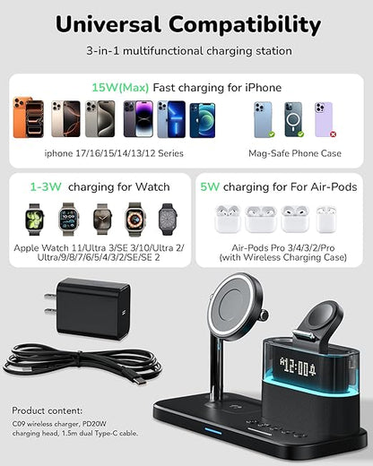 5-in-1 Magnetic Wireless Charging Station w/ Alarm Clock & Night Light  شاحن لاسلكي مغناطيسي 5×1 مع منبّه وضوء ليلي