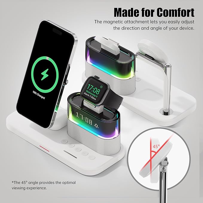 5-in-1 Magnetic Wireless Charging Station w/ Alarm Clock & Night Light  شاحن لاسلكي مغناطيسي 5×1 مع منبّه وضوء ليلي
