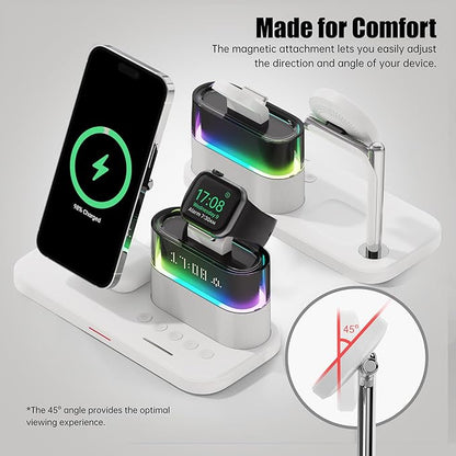 5-in-1 Magnetic Wireless Charging Station w/ Alarm Clock & Night Light  شاحن لاسلكي مغناطيسي 5×1 مع منبّه وضوء ليلي