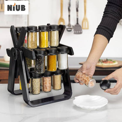 360° Rotating Stand with 18 Glass Jars & Labels | منظم توابل دوّار مع 18 برطمان زجاجي