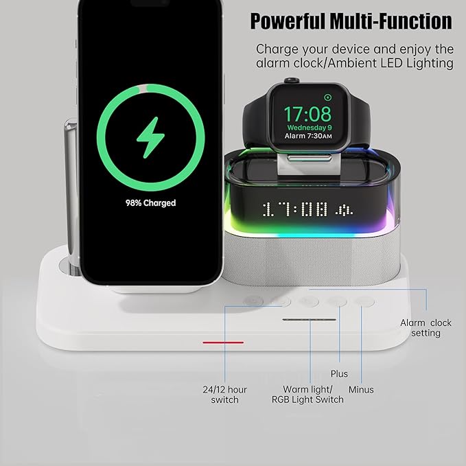 5-in-1 Magnetic Wireless Charging Station w/ Alarm Clock & Night Light  شاحن لاسلكي مغناطيسي 5×1 مع منبّه وضوء ليلي