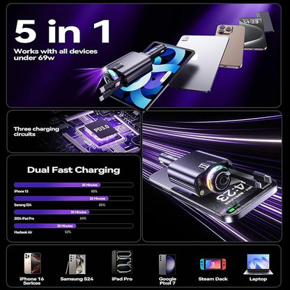 5-in-1 Starlight Car Charger – 45W Fast Charging with Multi-Cable & Air Freshener | شاحن سيارة متعدد الوظائف 5 في 1 مع إضاءة و معطر