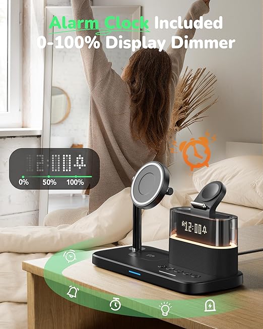 5-in-1 Magnetic Wireless Charging Station w/ Alarm Clock & Night Light  شاحن لاسلكي مغناطيسي 5×1 مع منبّه وضوء ليلي