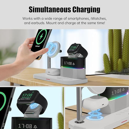 5-in-1 Magnetic Wireless Charging Station w/ Alarm Clock & Night Light  شاحن لاسلكي مغناطيسي 5×1 مع منبّه وضوء ليلي