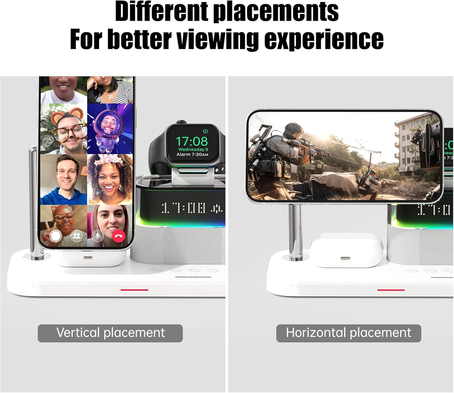 5-in-1 Magnetic Wireless Charging Station w/ Alarm Clock & Night Light  شاحن لاسلكي مغناطيسي 5×1 مع منبّه وضوء ليلي