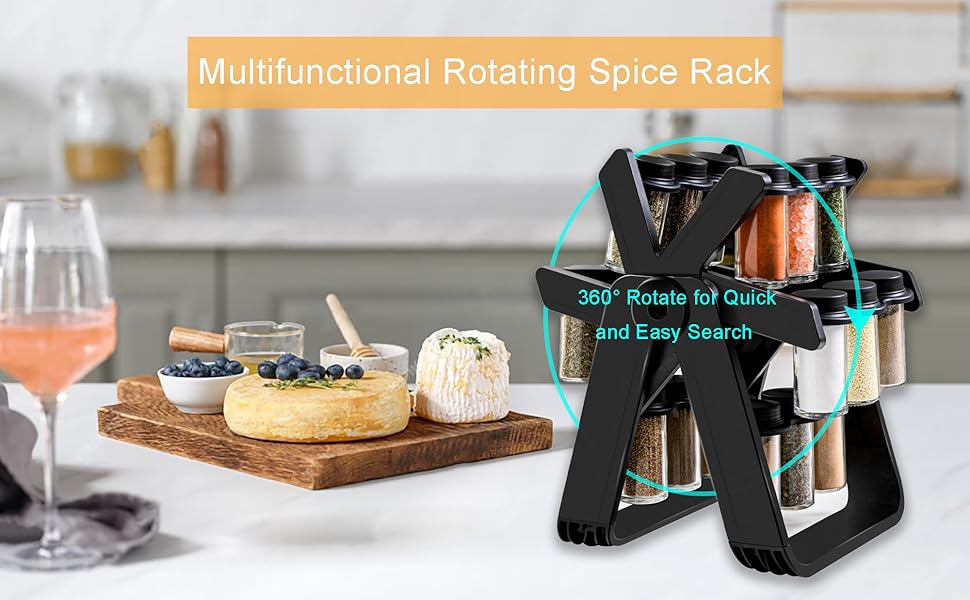 360° Rotating Stand with 18 Glass Jars & Labels | منظم توابل دوّار مع 18 برطمان زجاجي